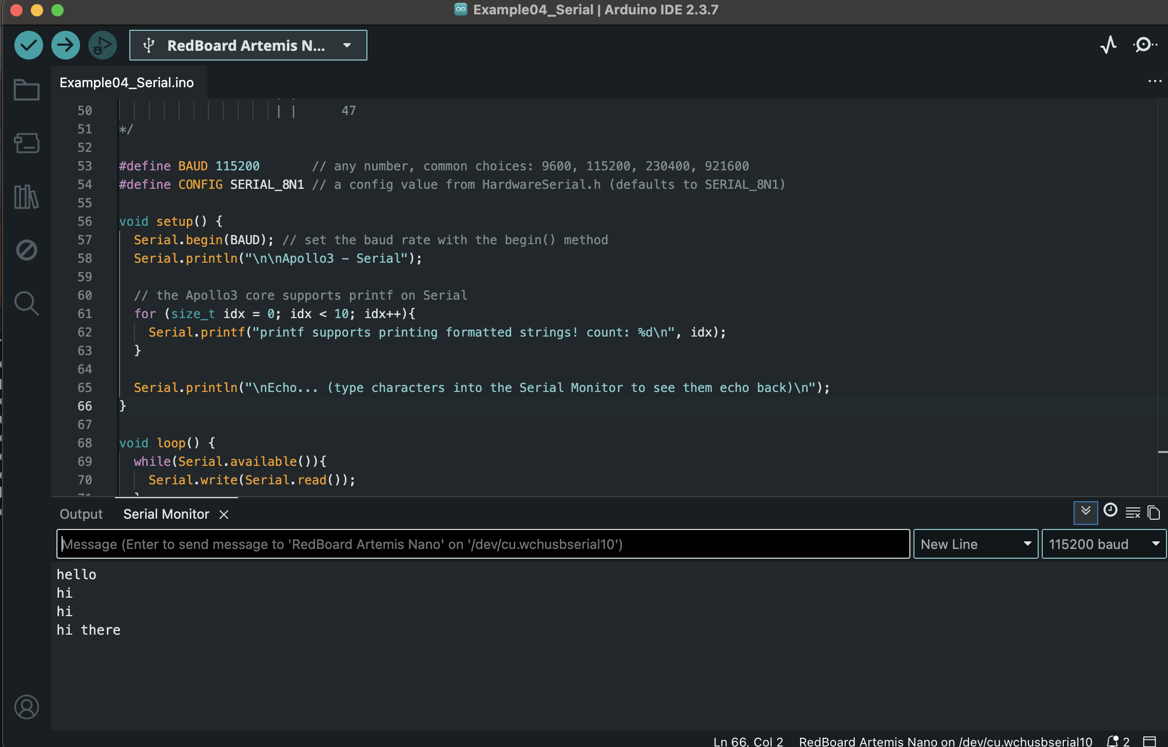 Serial Monitor output showing successful communication