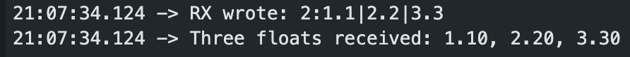 Serial output showing RX wrote and three floats received