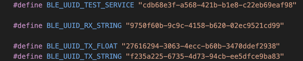 Arduino sketch showing BLE service and characteristic UUID definitions