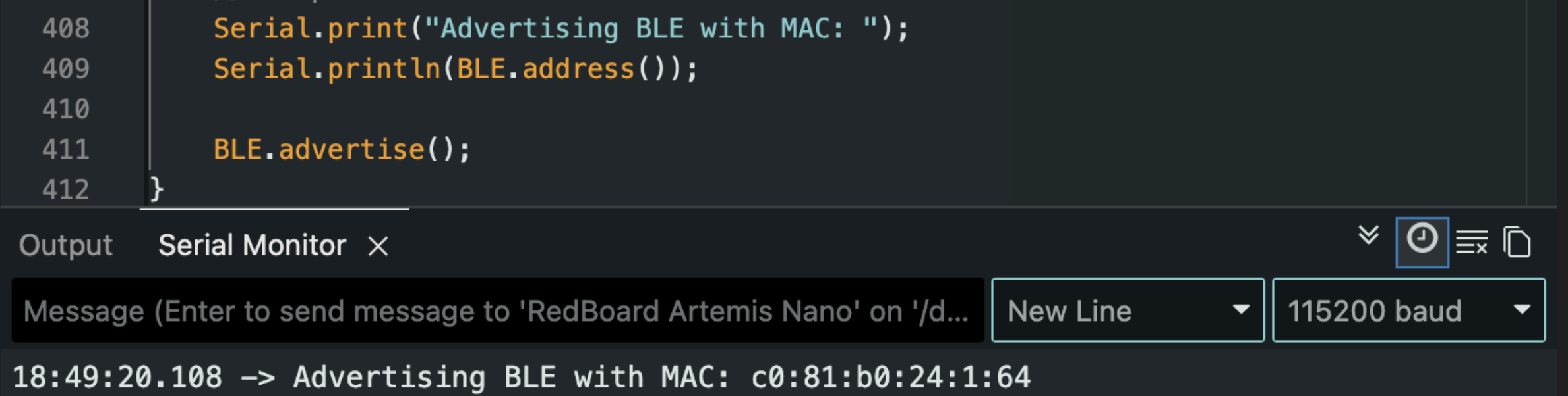 Serial Monitor showing Artemis BLE MAC address