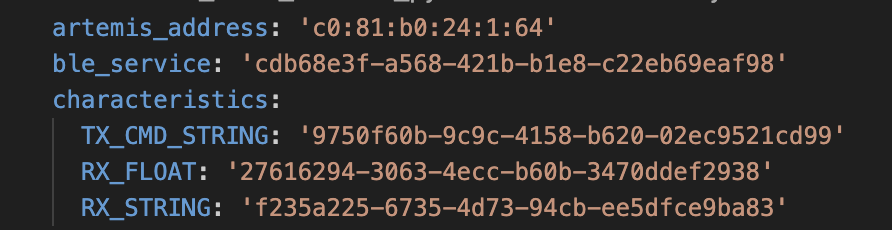connection.yaml showing Artemis address, BLE service UUID, and characteristic UUIDs